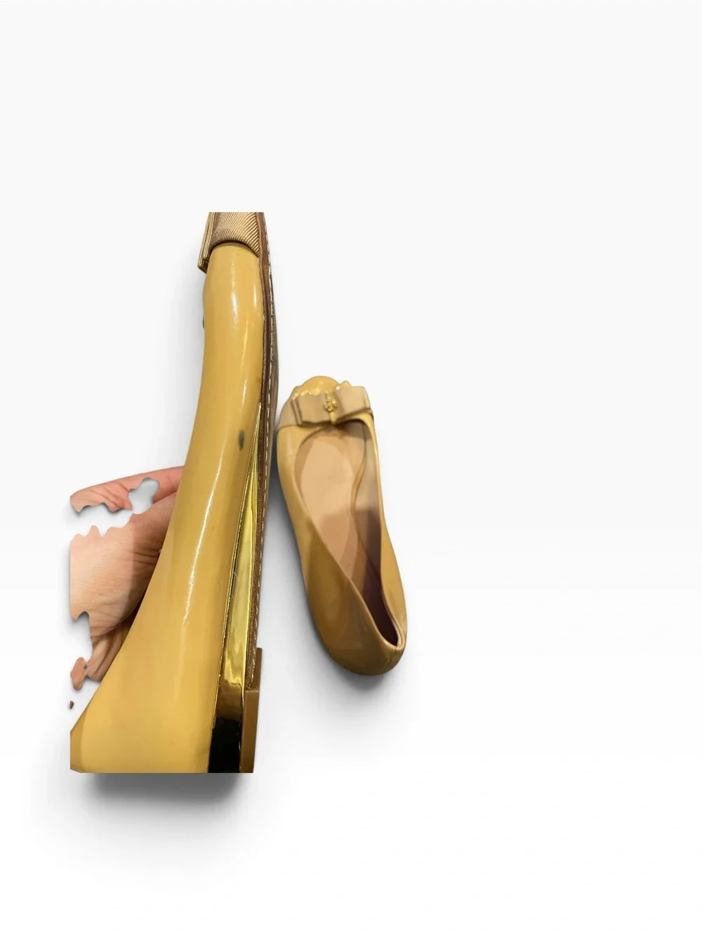 Tory Burch Tan Patent Peep-Toe Flats with Bow Accent Size 11
